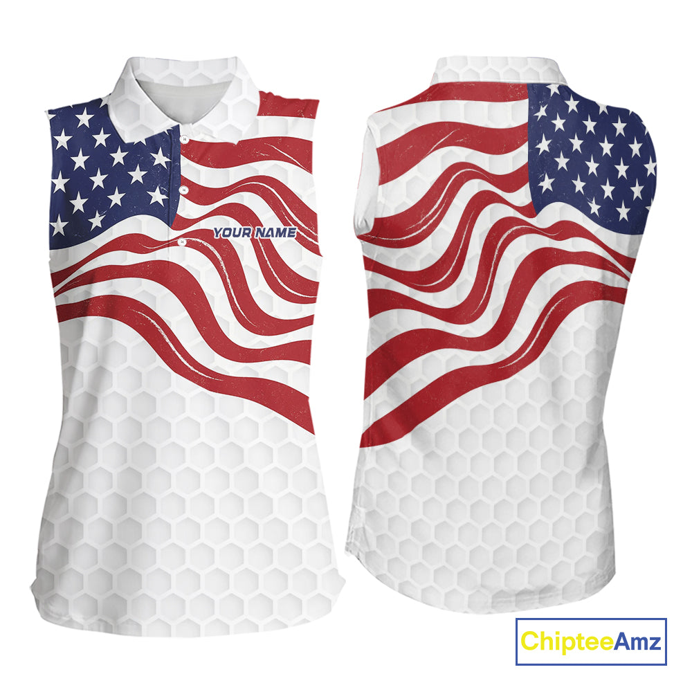 Red, White and Blue American Flag Women sleeveless polo shirt custom women's patriotic golf apparel NQS10169