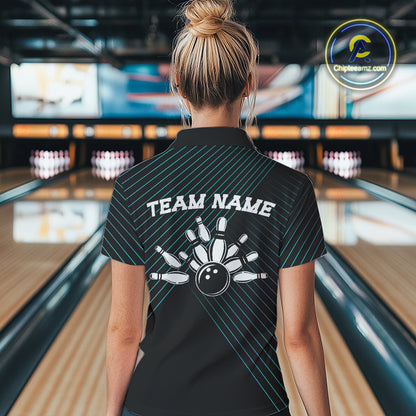 Black and Blue Skull Bowling Polo, Quarter Zip Shirts For Women Custom Bowling Team Jerseys Outfits NQS10171