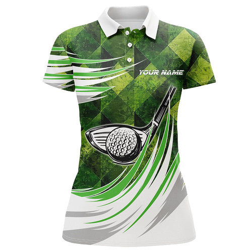 Green argyle pattern golf ball clubs Women golf polo shirt custom female golf outfit, gifts for golfer NQS8112