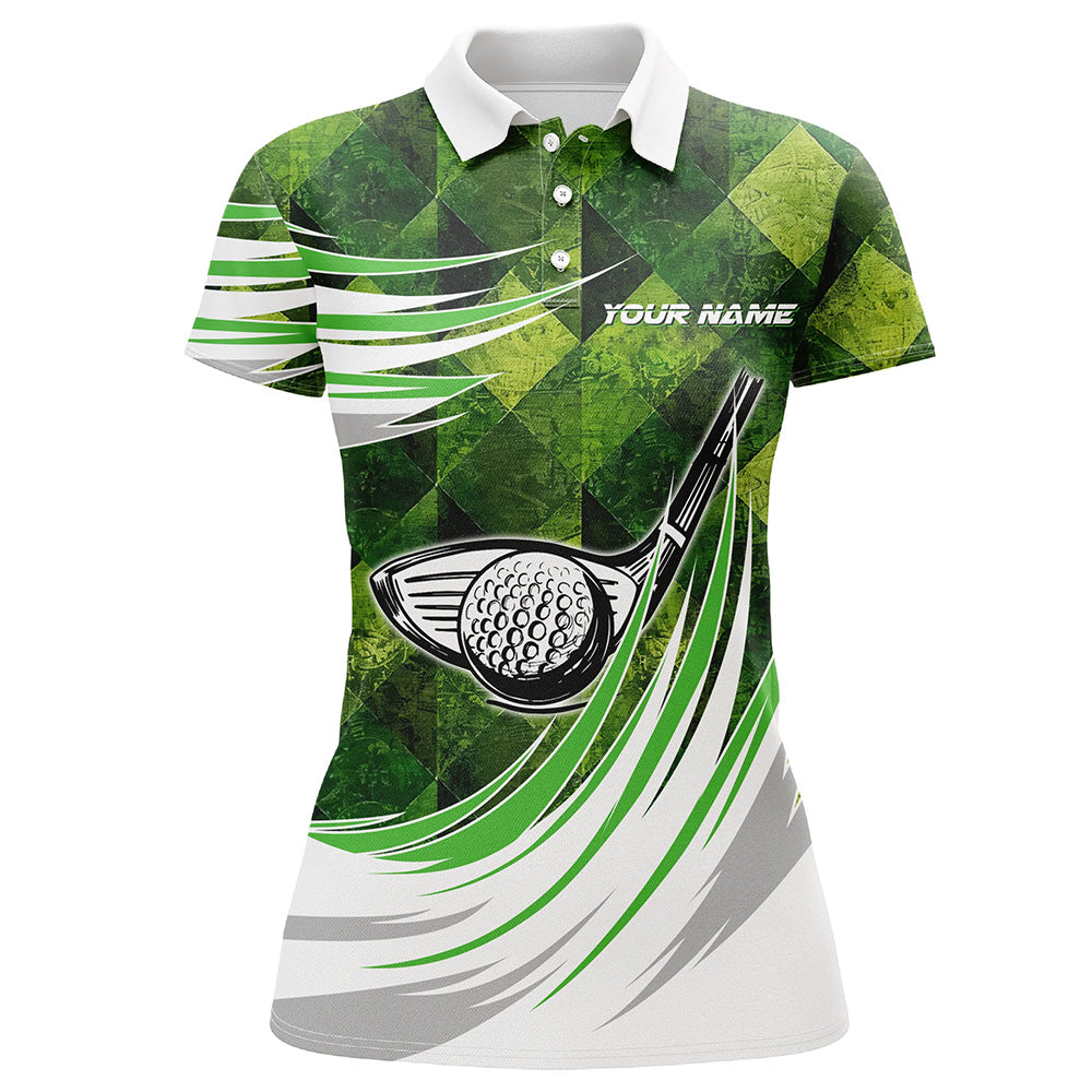 Green argyle pattern golf ball clubs Women golf polo shirt custom female golf outfit, gifts for golfer NQS8112