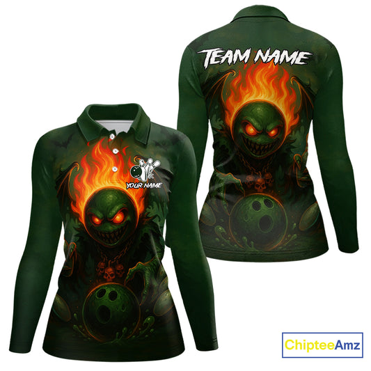 Custom Halloween Bowling Shirt For Women Green Flame Skull, personalized bowling shirts for team NQS10312