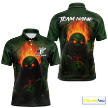 Load image into Gallery viewer, Custom Halloween Bowling Shirt For Men Green Flame Skull, personalized bowling shirts for team bowler NQS10312