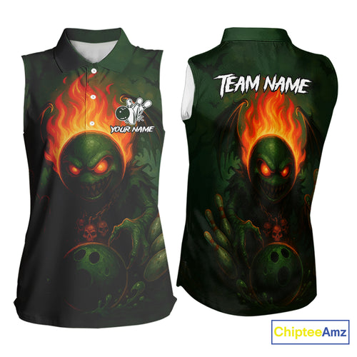 Custom Halloween Bowling Sleeveless Polo Shirt Green Flame Skull, personalized bowling shirt for team NQS10312