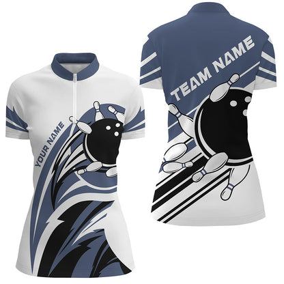 Blue and white Women bowling shirts Custom Bowling Team League Jerseys, womens bowling outfits NQS8547