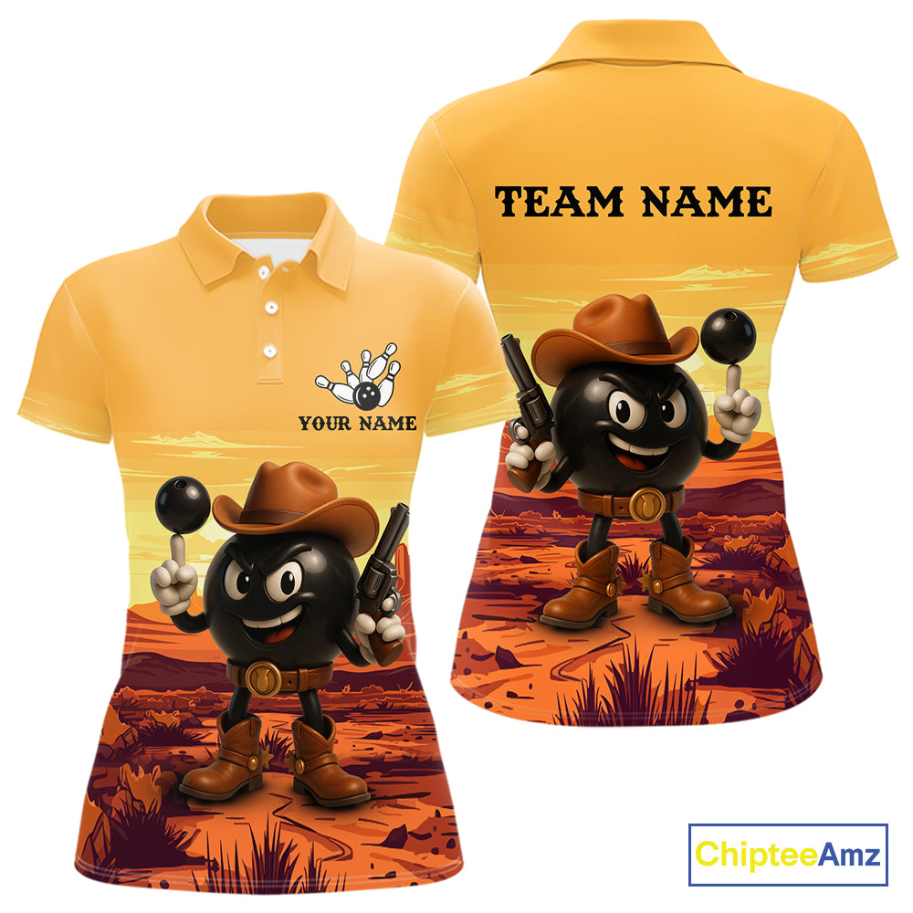 Funny Bowling Cowboy gun desert Womens Bowling Polo, 1/4 Zip Shirts Custom Funny bowling team jerseys NQS11127