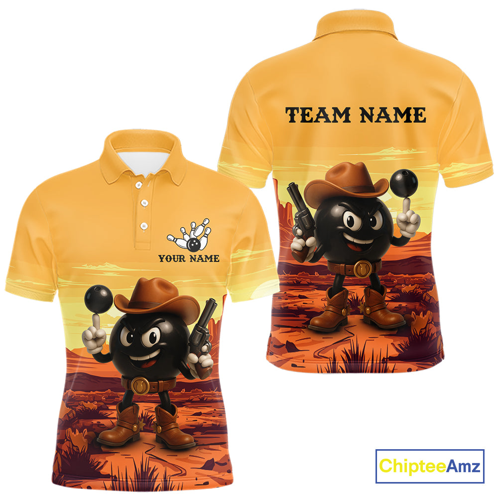 Funny Bowling Cowboy gun desert Mens Bowling Polo, 1/4 Zip Shirts Custom Funny bowling team jerseys NQS11127