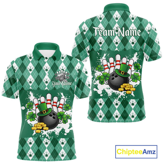 Argyle pattern St Patrick Green Bowling Polo, 1/4 zip shirts for Men Custom team bowling jerseys NQS11535