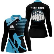 Load image into Gallery viewer, Black and Blue retro Bowling Polo Shirt for Women Custom Bowling ball and pins Team League Jerseys NQS7532