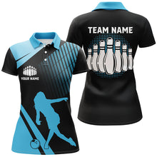 Load image into Gallery viewer, Black and Blue retro Bowling Polo Shirt for Women Custom Bowling ball and pins Team League Jerseys NQS7532