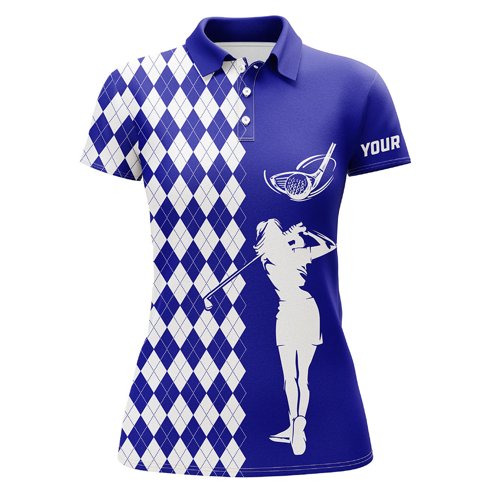 Personalized white argyle plaid pattern Womens golf polo shirts, custom Blue golf apparel for ladies NQS7907