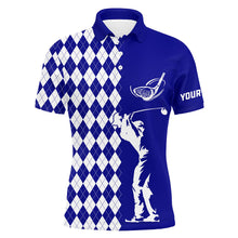 Load image into Gallery viewer, Personalized white argyle plaid pattern Mens golf polo shirts, custom Blue golf tops for mens NQS7907