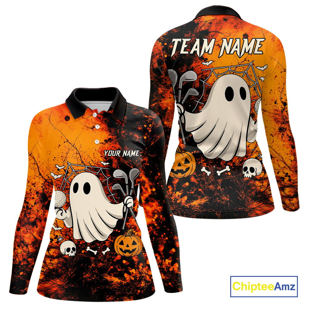 Custom Orange Halloween Boo Golf Polo Shirts for Women, Halloween Ladies Golf Outfits NQS10524