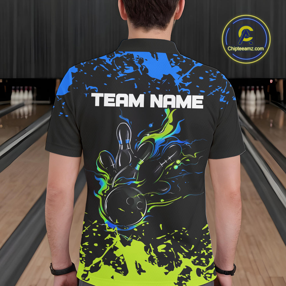 Personalized Black, Blue and Green Bowling Shirts For Men, Bowling Balls And Pins Bowling Team Shirts NQS10741