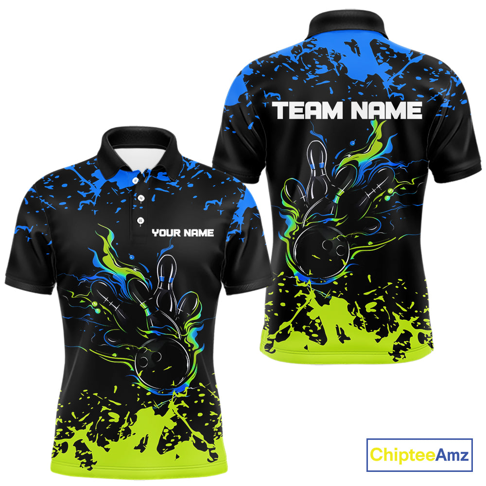 Personalized Black, Blue and Green Bowling Shirts For Men, Bowling Balls And Pins Bowling Team Shirts NQS10741