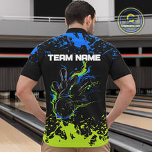 Load image into Gallery viewer, Personalized Black, Blue and Green Bowling Shirts For Men, Bowling Balls And Pins Bowling Team Shirts NQS10741