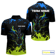 Load image into Gallery viewer, Personalized Black, Blue and Green Bowling Shirts For Men, Bowling Balls And Pins Bowling Team Shirts NQS10741