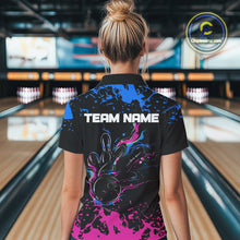 Load image into Gallery viewer, Personalized Black, Blue and Pink Bowling Shirts For Women, Bowling Ball &amp; Pins Bowling Team Shirts NQS10742