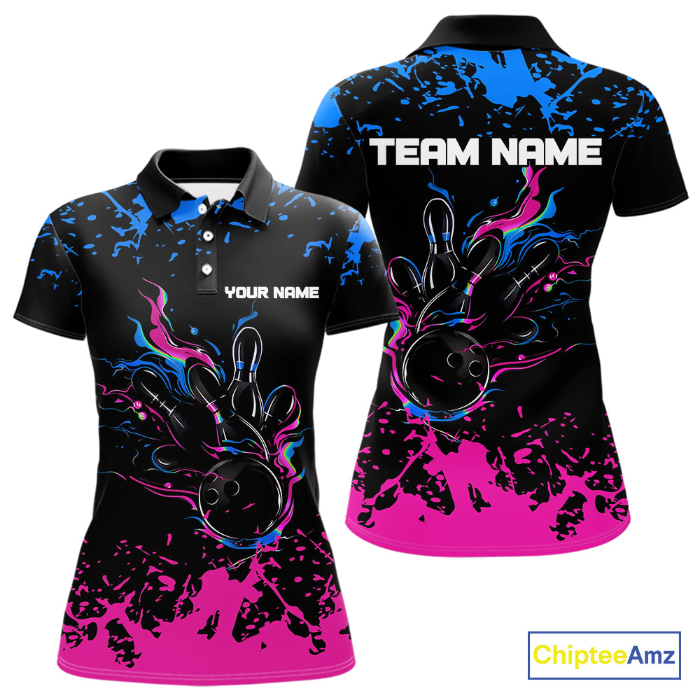 Personalized Black, Blue and Pink Bowling Shirts For Women, Bowling Ball & Pins Bowling Team Shirts NQS10742