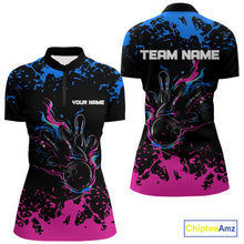 Load image into Gallery viewer, Personalized Black, Blue and Pink Bowling Shirts For Women, Bowling Ball &amp; Pins Bowling Team Shirts NQS10742