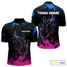 Load image into Gallery viewer, Personalized Black, Blue and Pink Bowling Shirts For Men, Bowling Balls And Pins Bowling Team Shirts NQS10742