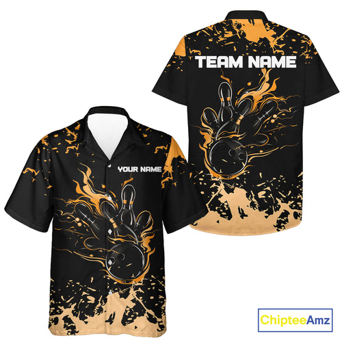 Personalized Black and Orange Bowling Hawaiian Shirt, Bowling Balls And Pins Bowling Team Shirts NQS10743