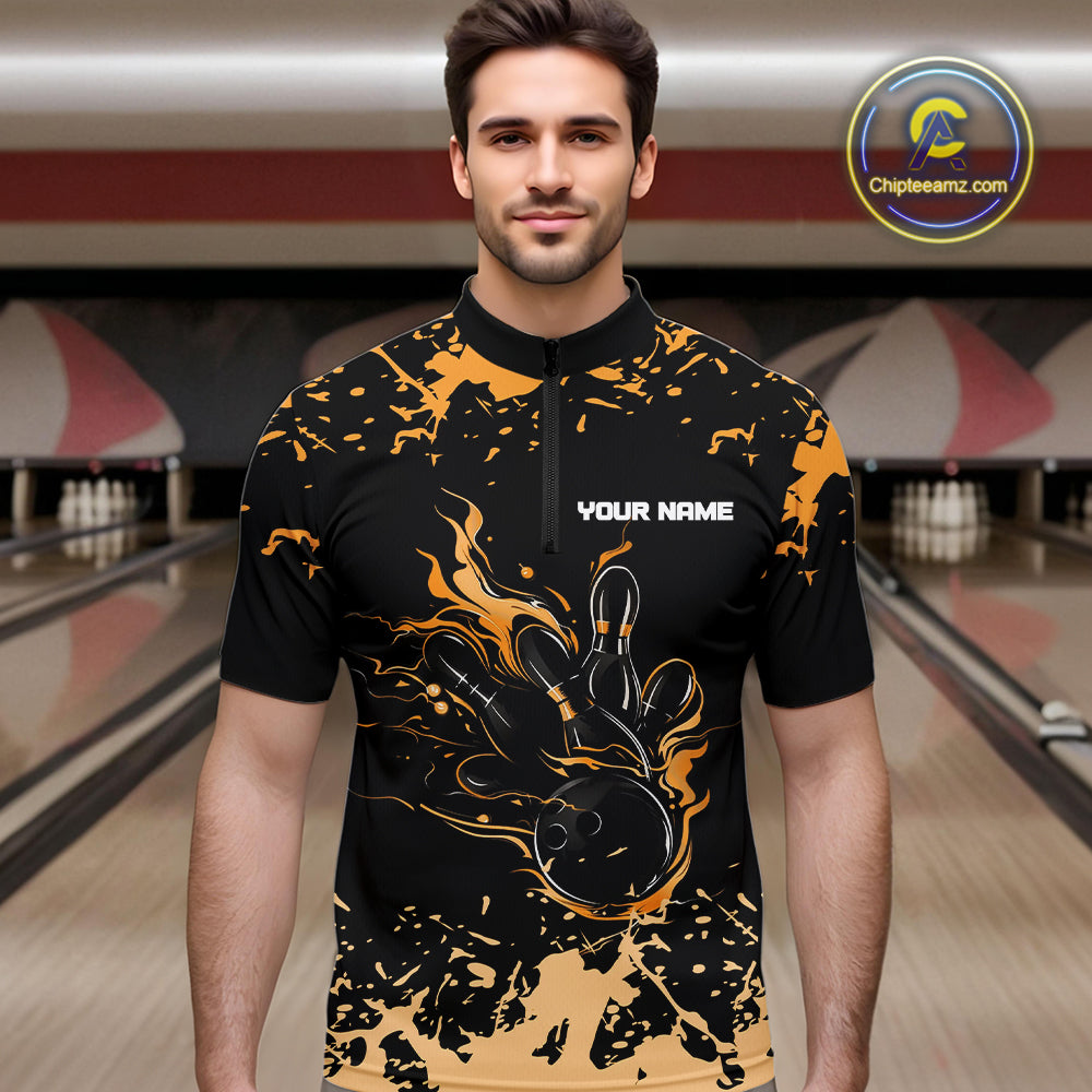 Personalized Black and Orange Bowling Shirts For Men, Bowling Balls And Pins Bowling Team Shirts NQS10743