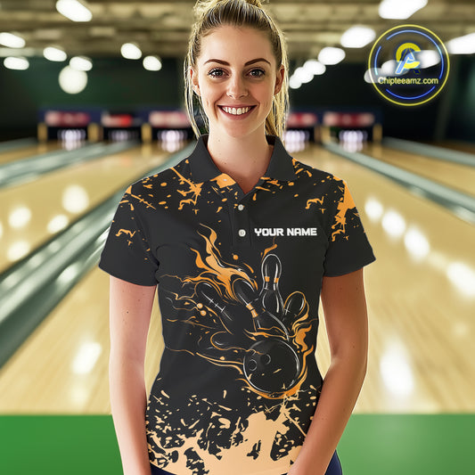 Personalized Black and Orange Bowling Shirts For Women, Bowling Balls And Pins Bowling Team Shirts NQS10743