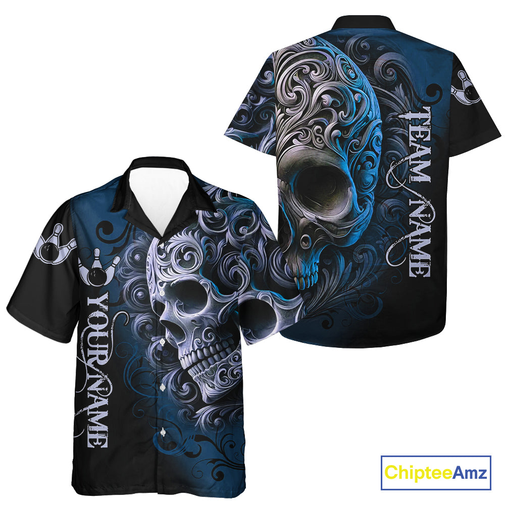 Blue and Black Skull Scroll Bowling Hawaiian Shirt Custom Skull Team Bowling League Shirts NQS10939