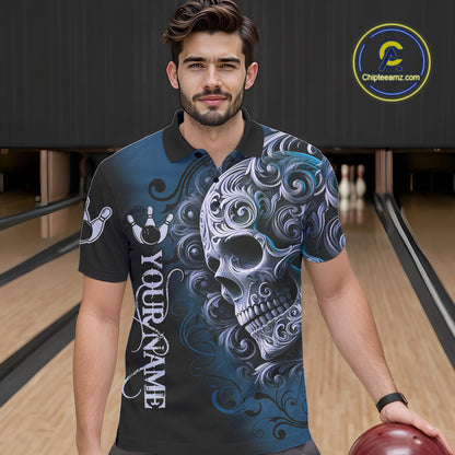 Blue and Black Skull Scroll Men Bowling Polo, Quarter Zip Shirts Custom Skull Team bowling Jersey NQS10939
