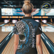 Load image into Gallery viewer, Blue and Black Skull Scroll Women Bowling Polo, Quarter Zip Shirts Custom Skull Team bowling Jersey NQS10939
