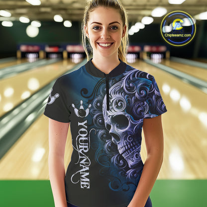 Blue and Black Skull Scroll Women Bowling Polo, Quarter Zip Shirts Custom Skull Team bowling Jersey NQS10939