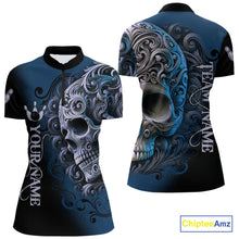 Load image into Gallery viewer, Blue and Black Skull Scroll Women Bowling Polo, Quarter Zip Shirts Custom Skull Team bowling Jersey NQS10939