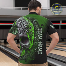 Load image into Gallery viewer, Green and Black Skull Scroll Men Bowling Polo, Quarter Zip Shirts Custom Skull Team bowling Jersey NQS10940