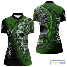 Load image into Gallery viewer, Green and Black Skull Scroll Women Bowling Polo, Quarter Zip Shirts Custom Skull Team bowling Jersey NQS10940