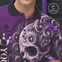 Load image into Gallery viewer, Purple and Black Skull Scroll Men Bowling Polo, Quarter Zip Shirts Custom Skull Team bowling Jersey NQS10941