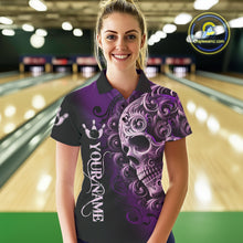 Load image into Gallery viewer, Purple and Black Skull Scroll Women Bowling Polo, Quarter Zip Shirts Custom Skull Team bowling Jersey NQS10941