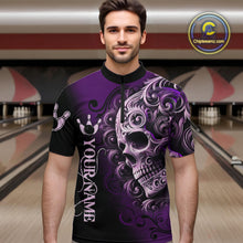 Load image into Gallery viewer, Purple and Black Skull Scroll Men Bowling Polo, Quarter Zip Shirts Custom Skull Team bowling Jersey NQS10941