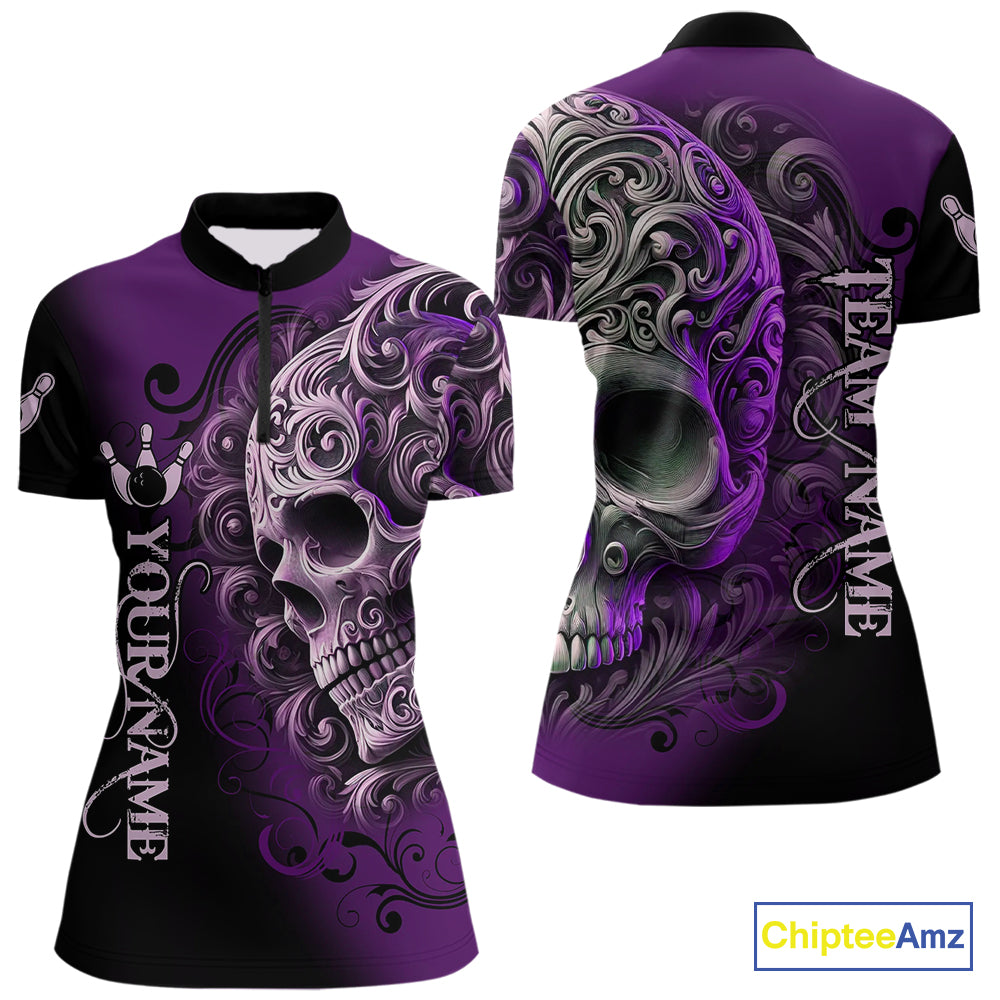Purple and Black Skull Scroll Women Bowling Polo, Quarter Zip Shirts Custom Skull Team bowling Jersey NQS10941