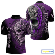 Load image into Gallery viewer, Purple and Black Skull Scroll Men Bowling Polo, Quarter Zip Shirts Custom Skull Team bowling Jersey NQS10941