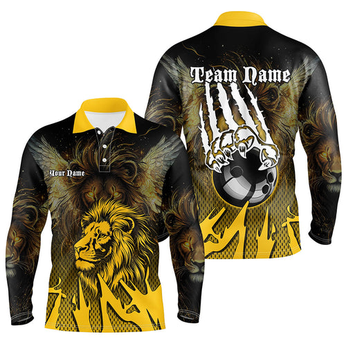 Black and Yellow Lion Bowling Polo, Quarter Zip Shirts For Men Custom Team Lion Bowling Jerseys NQS9034