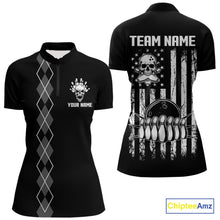 Load image into Gallery viewer, Custom Black and White argyle American Flag Skull retro Womens Bowling Shirts patriotic Team Jerseys NQS11131