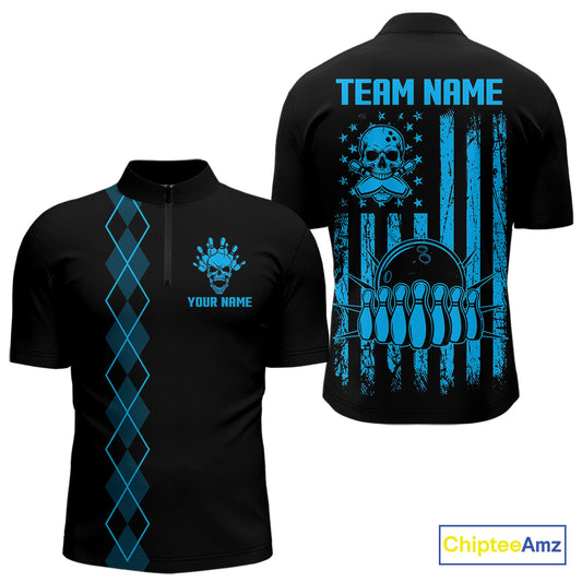Custom Black and Blue argyle American Flag Skull retro Mens Bowling Shirts patriotic Team Jerseys NQS11132