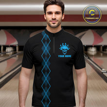 Load image into Gallery viewer, Custom Black and Blue argyle American Flag Skull retro Mens Bowling Shirts patriotic Team Jerseys NQS11132