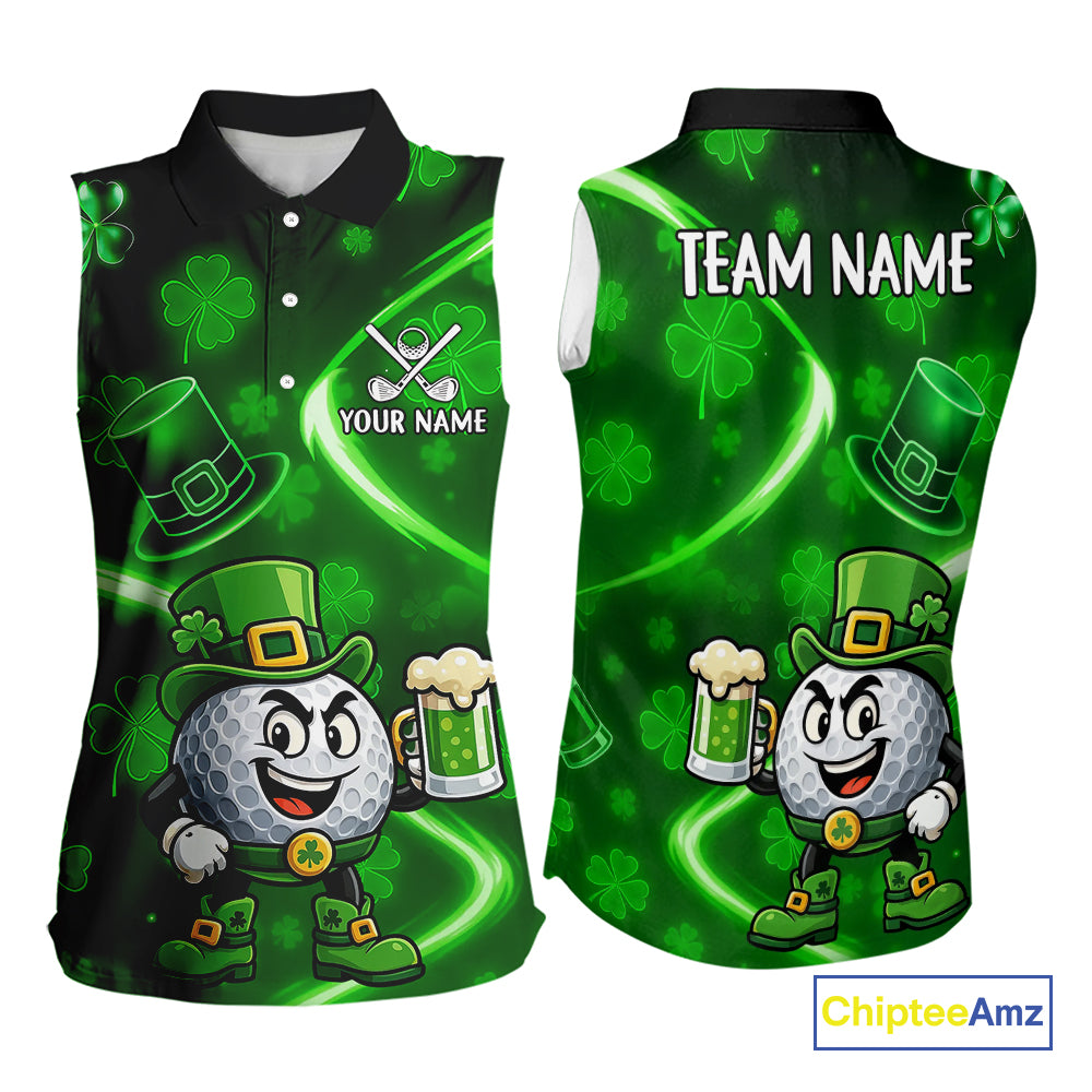 Green shamrock pattern Funny Sleeveless polo shirt Custom St Patrick's Day Lucky ladies golf outfit NQS11134