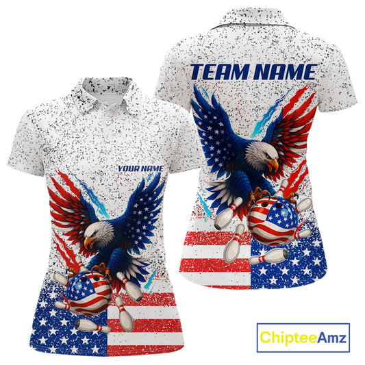 Grunge American Flag Eagle Bowling Polo, 1/4 Zip Shirt For Women Custom patriotic Team Bowling jersey NQS11327