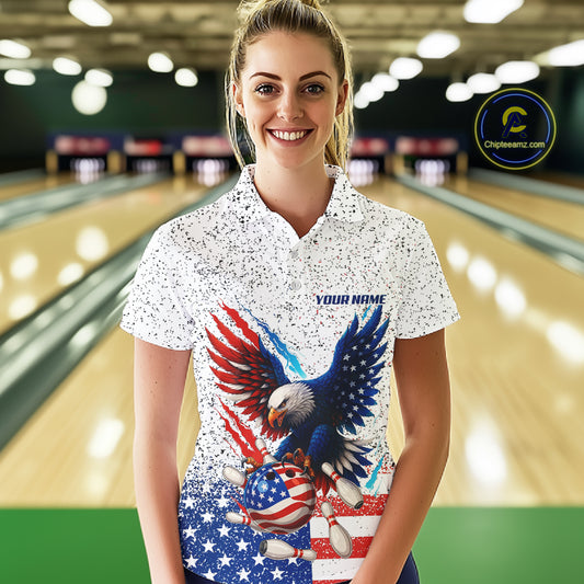 Grunge American Flag Eagle Bowling Polo, 1/4 Zip Shirt For Women Custom patriotic Team Bowling jersey NQS11327