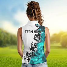Load image into Gallery viewer, Blue Turquoise Flame pattern Black White Womens sleeveless polo shirts custom golf attire for women NQS9436