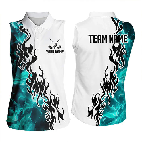 Blue Turquoise Flame pattern Black White Womens sleeveless polo shirts custom golf attire for women NQS9436