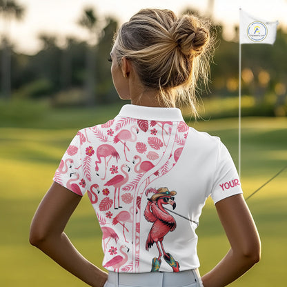 Funny White and Pink Flamingo golf polo shirts for Women Custom team Flamingo golf outfit ladies NQS11546