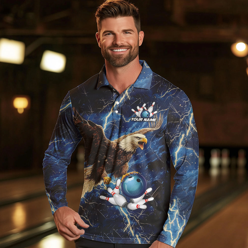 Custom Eagle Bowling Shirts For men Blue Lightning Thunder storm, Bowling Team Jerseys NQS9766